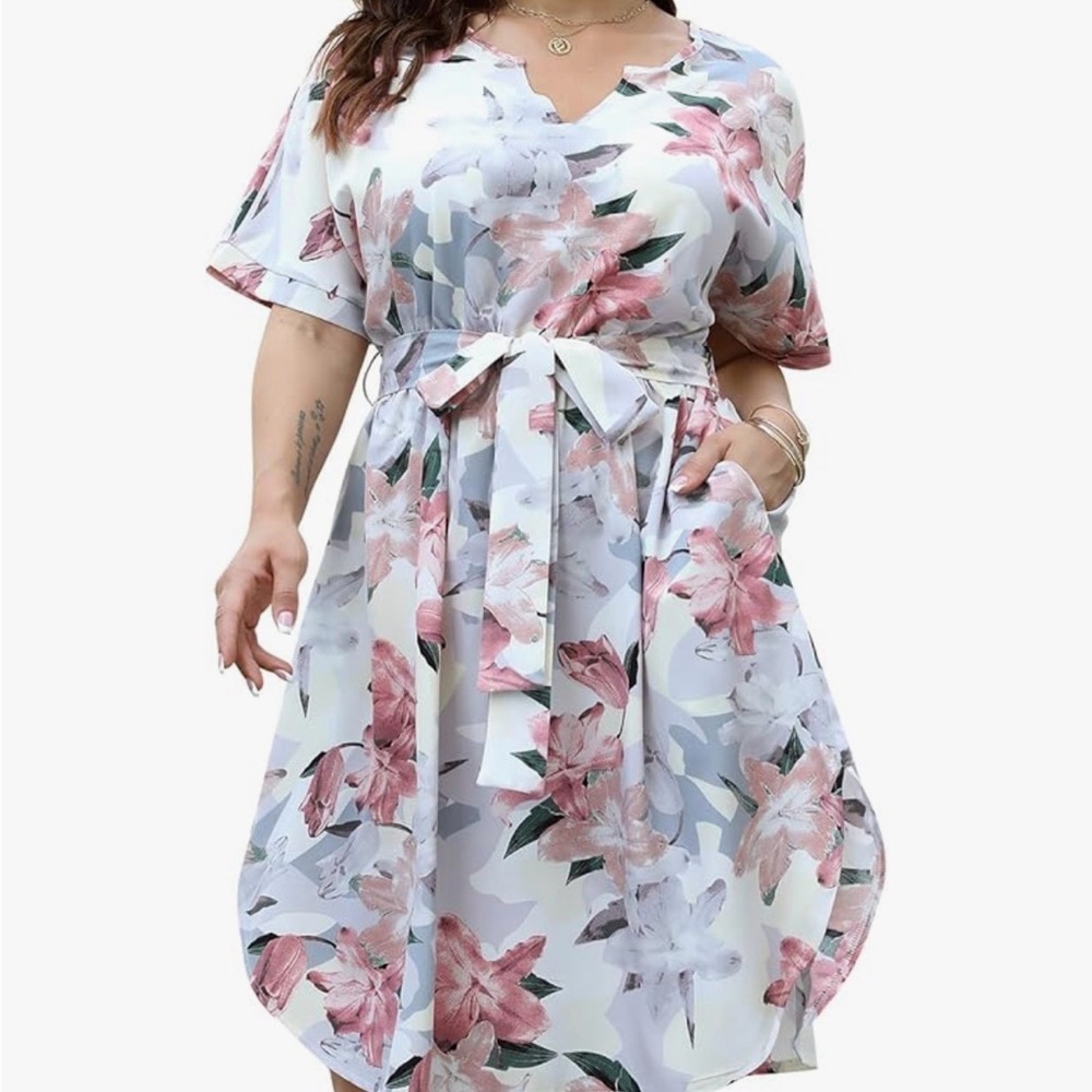 Nemidor Women’s Plus Size 20 Boho Faux Wrap Floral Dress in Pink Lilac White